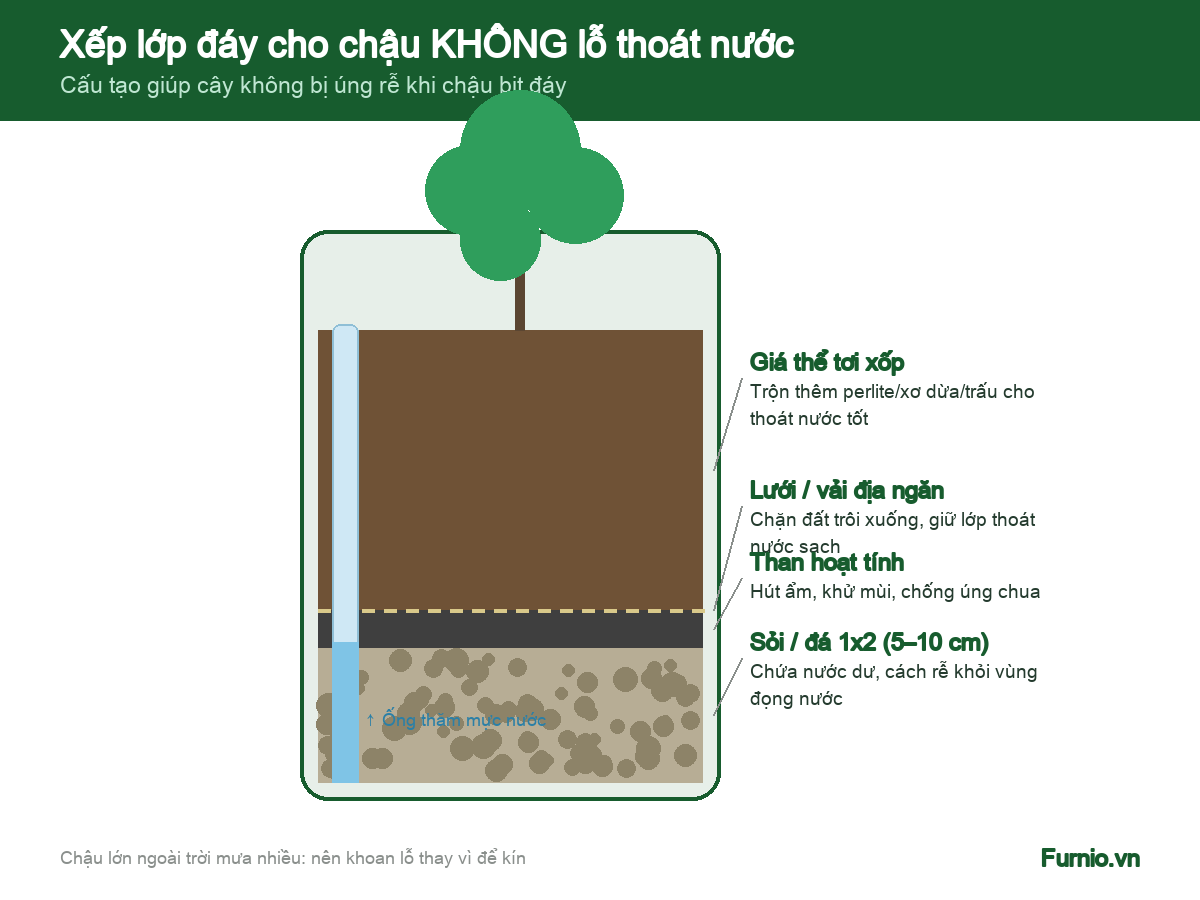 Sơ đồ mặt cắt cách xếp lớp đáy chậu composite không lỗ thoát nước