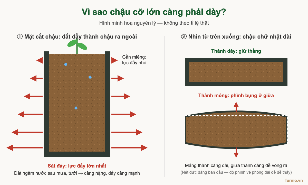 Minh hoạ áp lực đất lên thành chậu composite tăng theo độ sâu và chậu chữ nhật thành mỏng bị phình bụng
